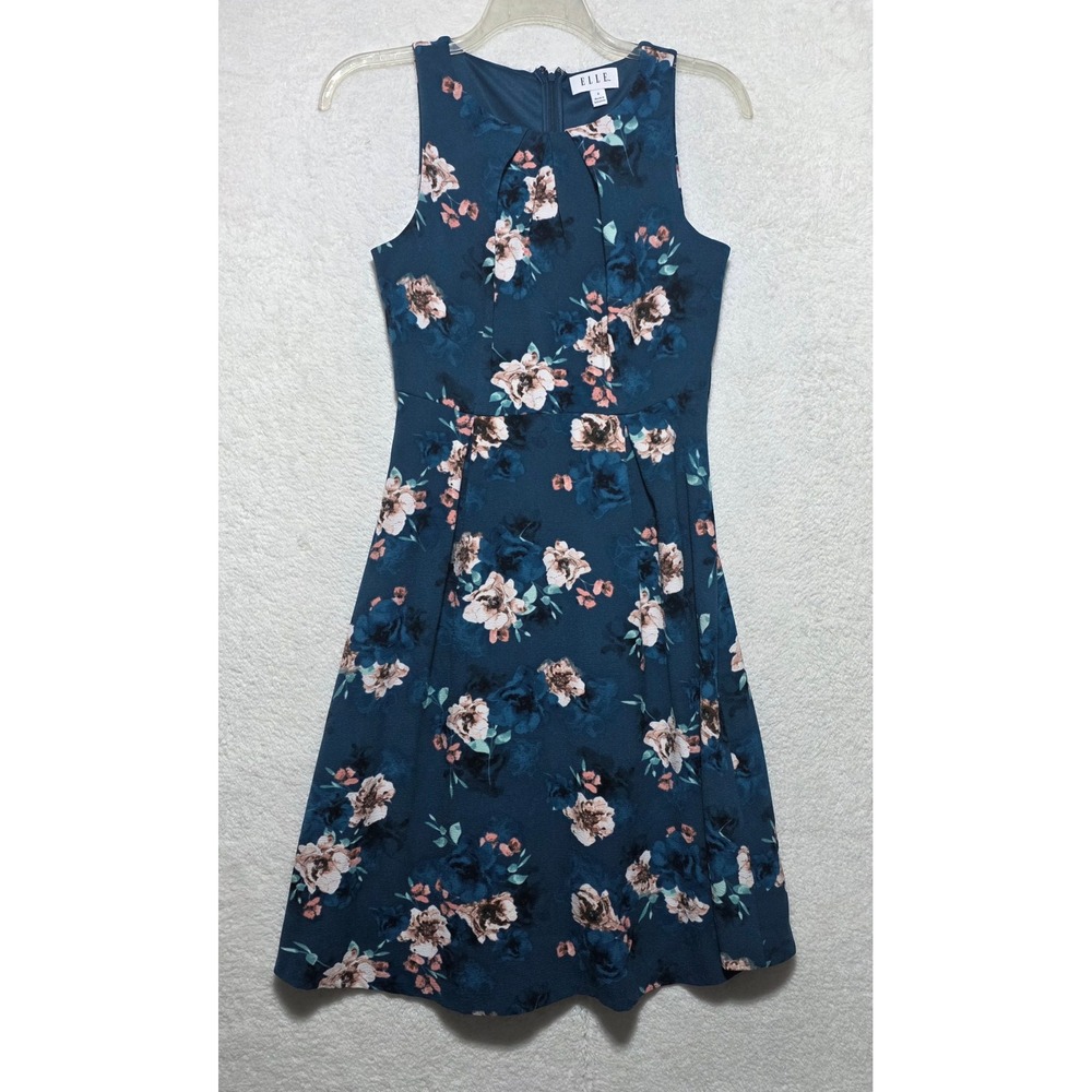 ELLE Women's Teal Blue Floral Fit and Flare Sleeveless Dress Size 6 Round Neck